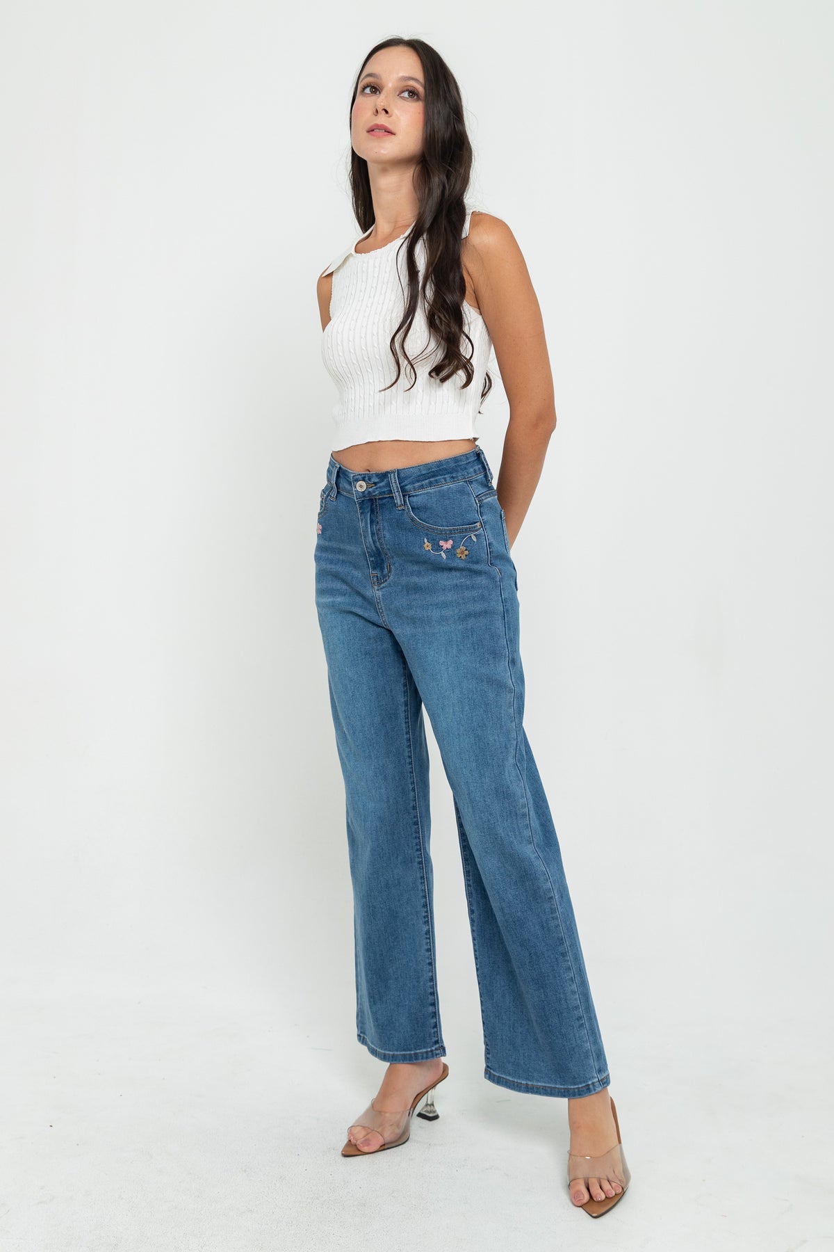 Wide Leg Dark Blue Embroidered Jeans s451