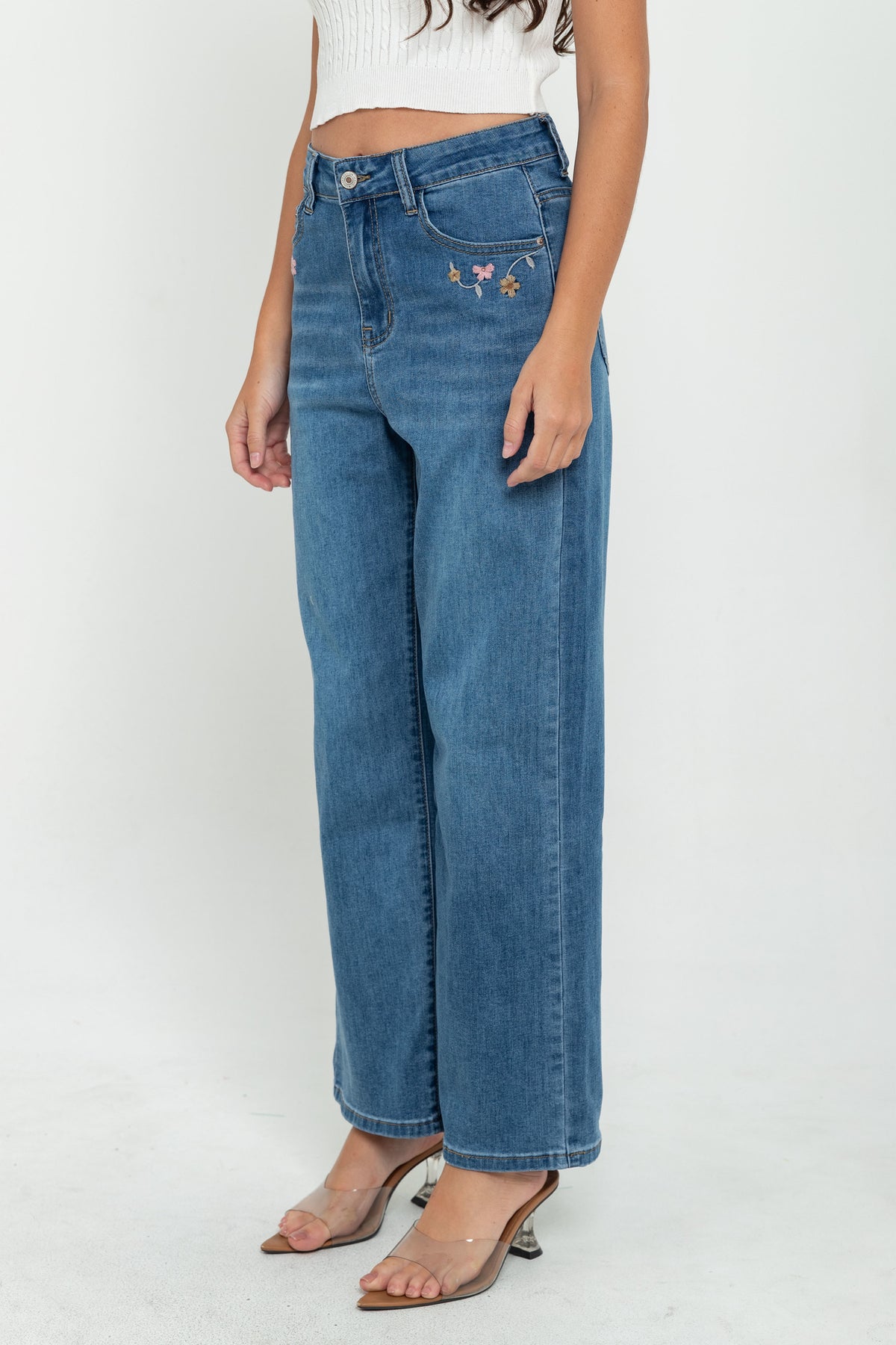 Wide Leg Dark Blue Embroidered Jeans s451