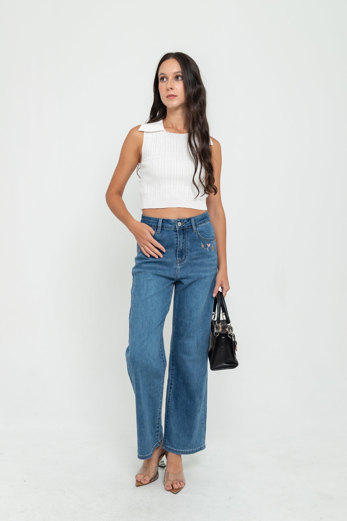 Wide Leg Dark Blue Embroidered Jeans s451