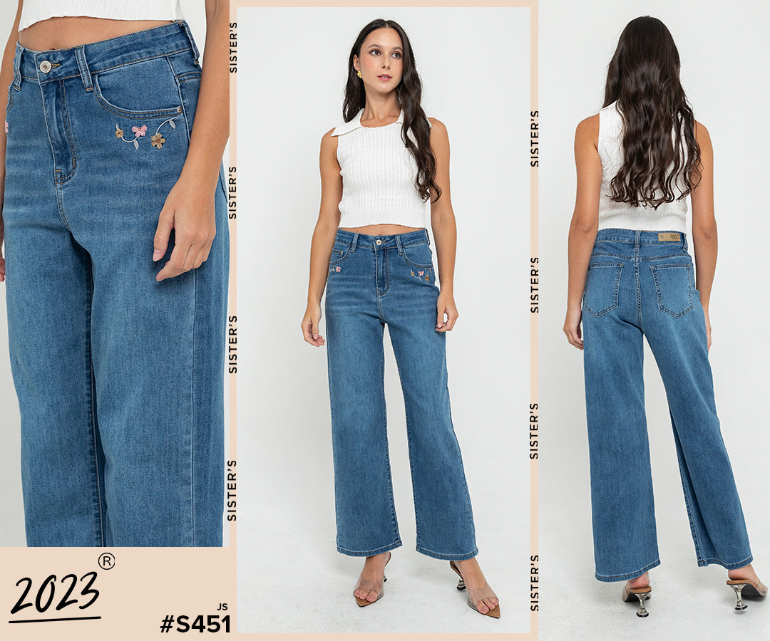 Wide Leg Dark Blue Embroidered Jeans s451