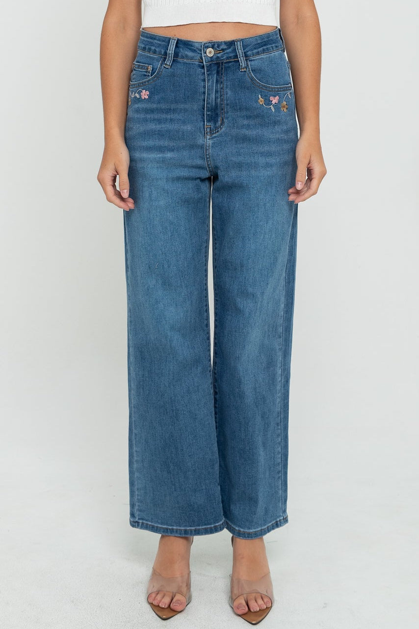 Wide Leg Dark Blue Embroidered Jeans s451