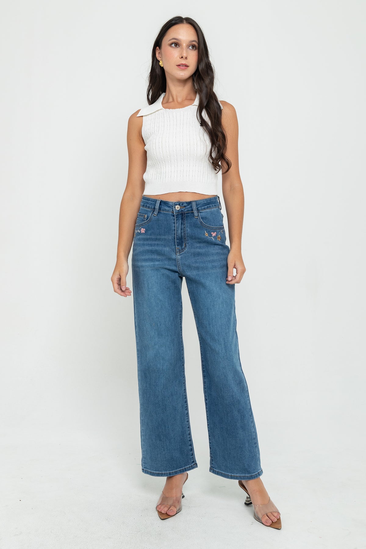 Wide Leg Dark Blue Embroidered Jeans s451