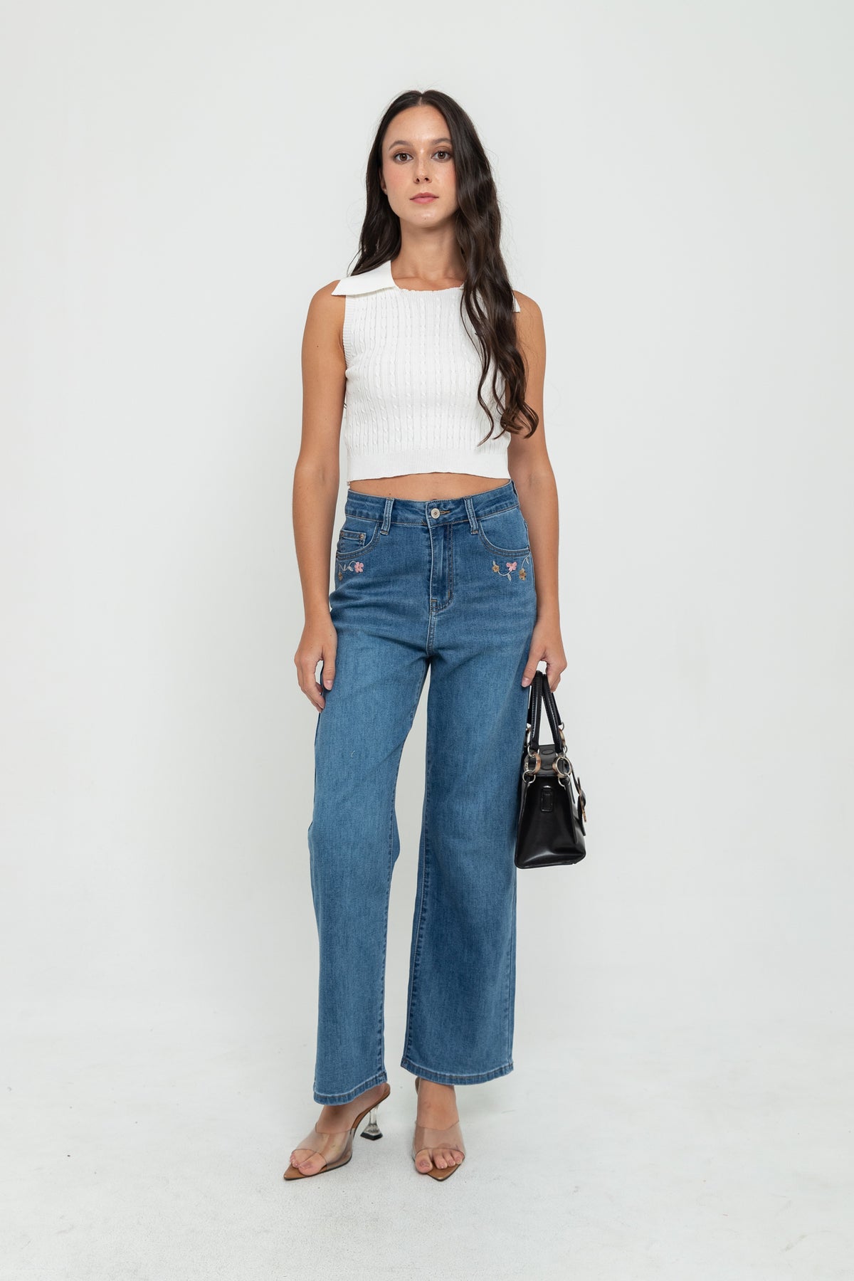 Wide Leg Dark Blue Embroidered Jeans s451